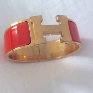 Hermès ClicClac H Orange Enamel Gold Wide Bracelet